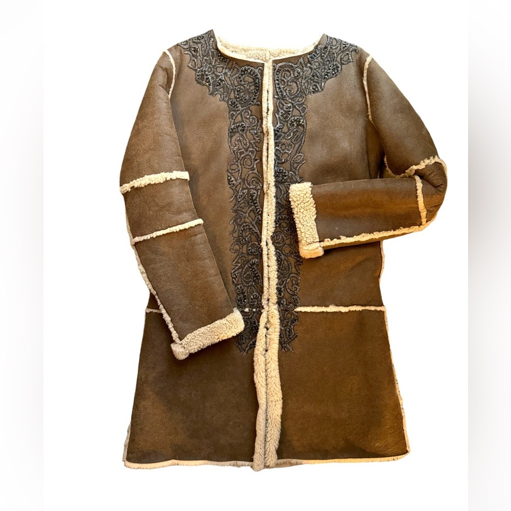 Antik Batik Caramel Embroidered Sheepskin Shearling Coat Size Small